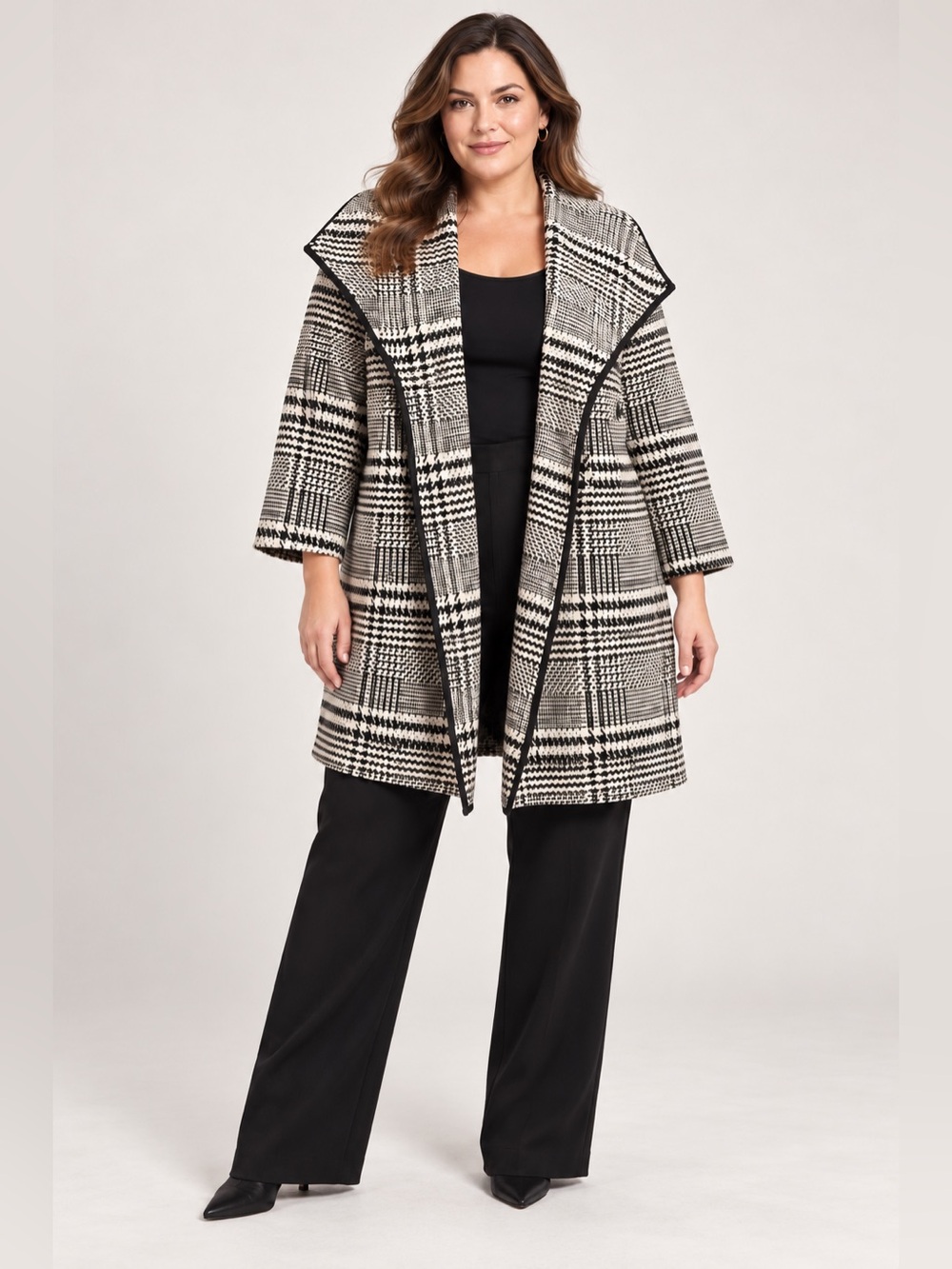 NY & Company Black Ivory Plaid Waterfall Coat L/XL